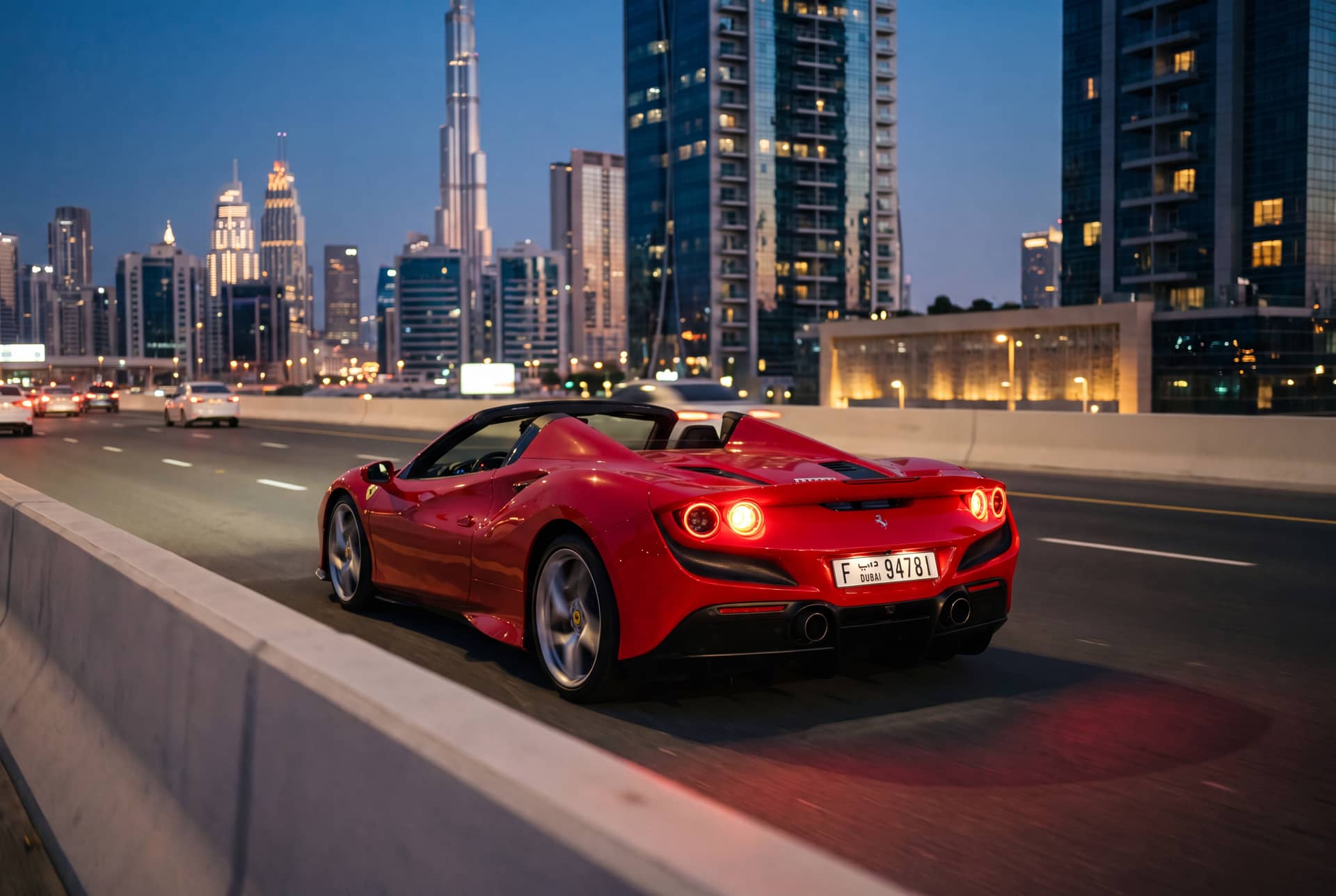Ferrari F8 Spider on Sheikh Zayed Road at dusk, tail lights lit, the Burj Khalifa and Downtown Dubai skyline behind