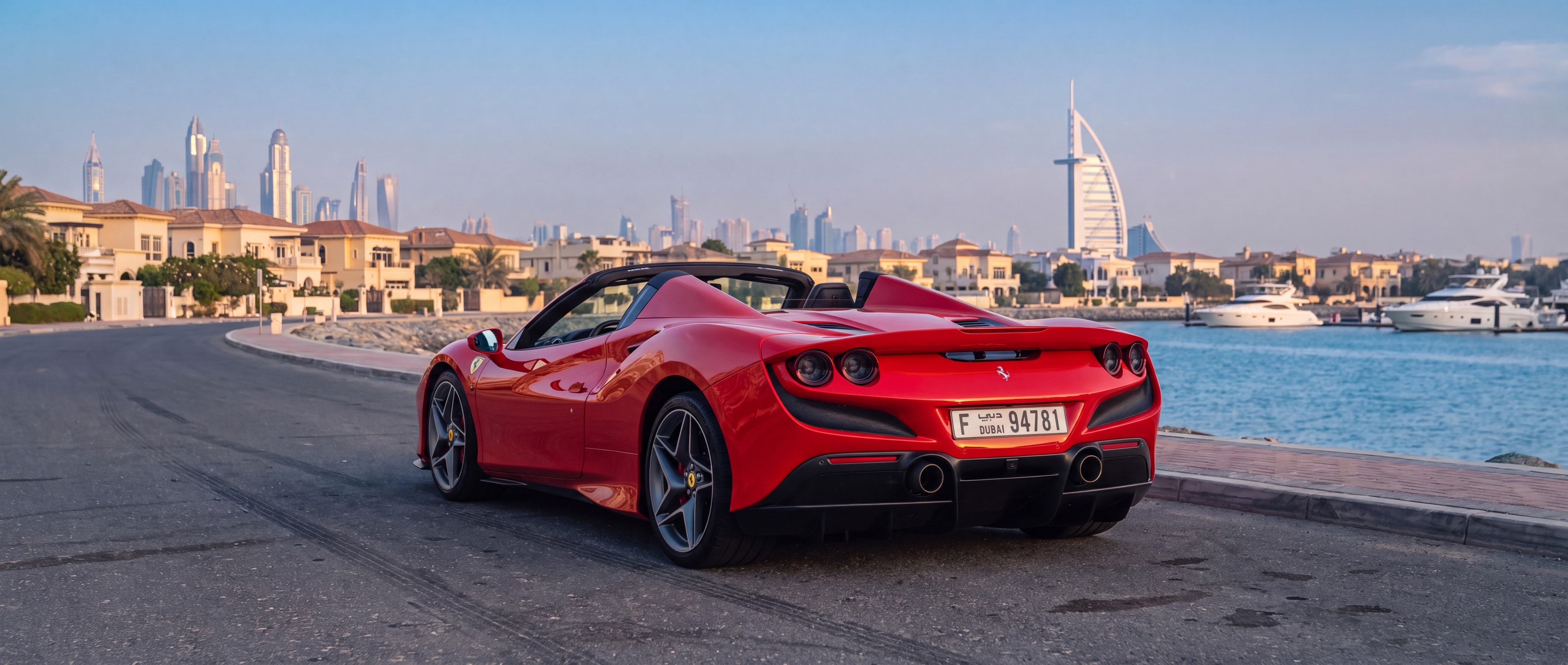 Ferrari F8 Tributo Spyder, rear 3/4, Palm Jumeirah road